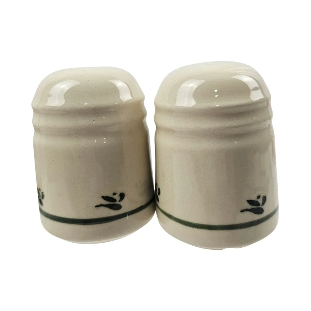 Pfaltzgraff Village Stoneware Salt and Pepper Shakers Set Cream Green Stripe